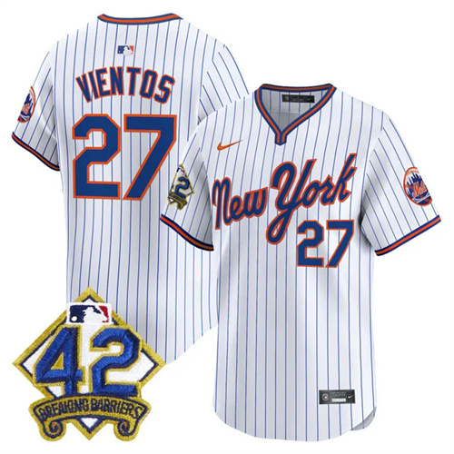 Men's New York Mets 2025 Jackie Robinson Patch Road Alternate Jersey PINSTRIPE #27 MARK VIENTOS.webp