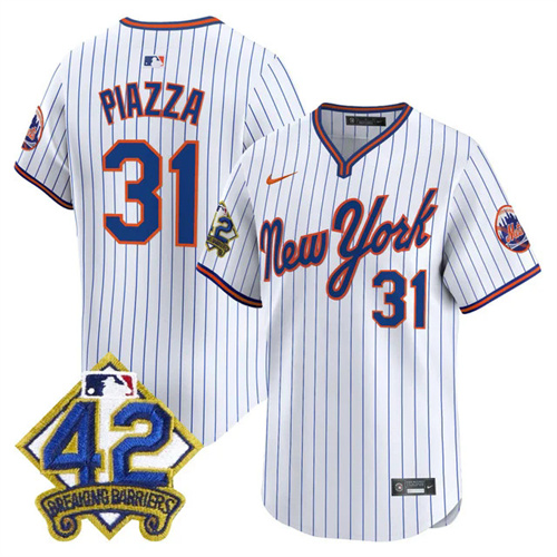 Men's New York Mets 2025 Jackie Robinson Patch Road Alternate Jersey PINSTRIPE #31 MIKE PIAZZA.webp