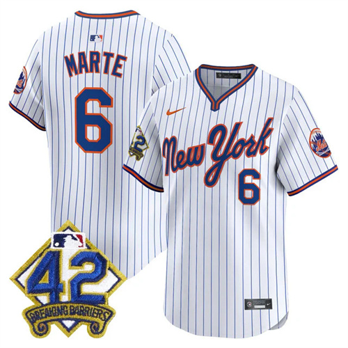 Men's New York Mets 2025 Jackie Robinson Patch Road Alternate Jersey PINSTRIPE #6 STARLING MARTE.webp