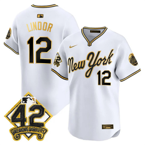 Men's New York Mets 2025 Jackie Robinson Patch Road Alternate Jersey WHITEGOLD #12 FRANCISCO LINDOR.webp