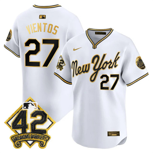 Men's New York Mets 2025 Jackie Robinson Patch Road Alternate Jersey WHITEGOLD #27 MARK VIENTOS.webp
