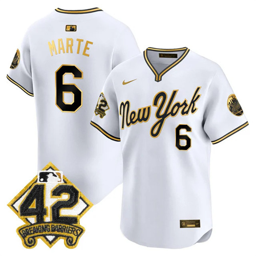 Men's New York Mets 2025 Jackie Robinson Patch Road Alternate Jersey WHITEGOLD #6 STARLING MARTE.webp