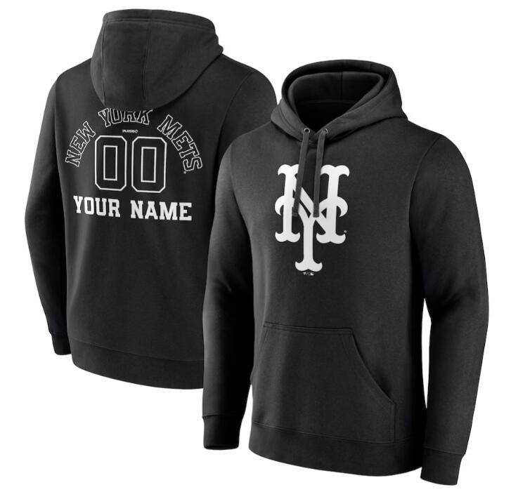 Men's New York Mets Black Monochrome Personalized Name & Number Pullover Hoodie