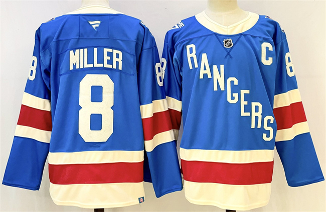 Men's New York Rangers #8 JT Miller Blue 2025 With C Patch Stitched Hockey Jersey