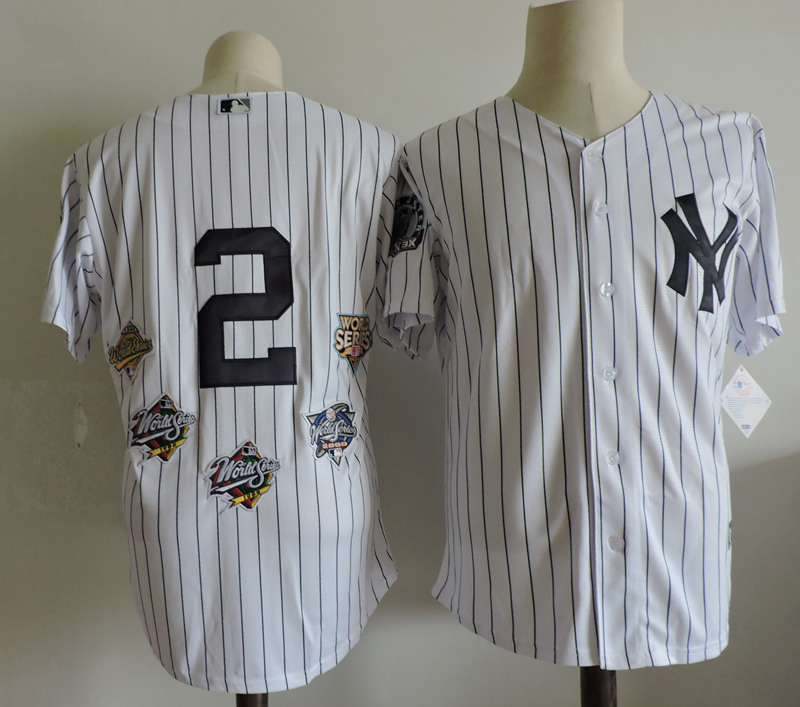 Men's New York Yankees #2 Derek Jeter 5 World Series Champions Patch Majestic Commemorate Jersey