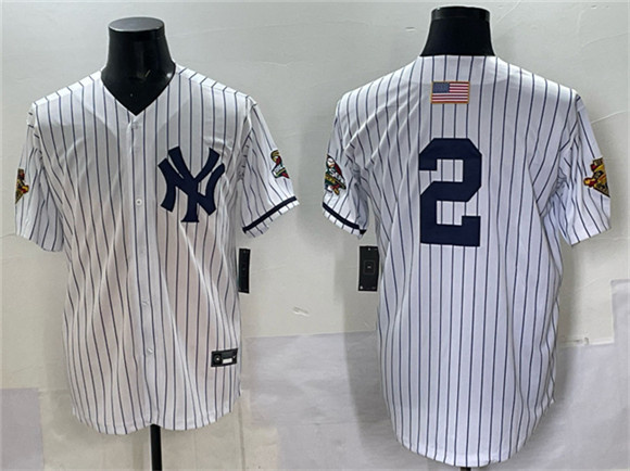 Men's New York Yankees #2 Derek Jeter White Strip World Series Limited Stitched Baseball Jersey