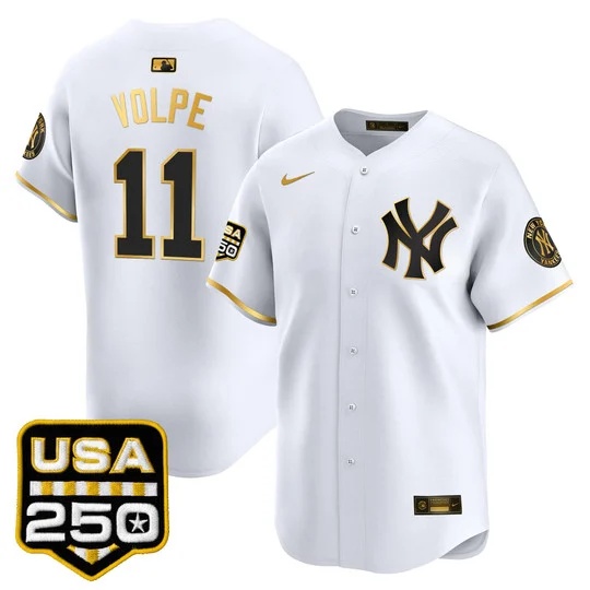 Men's New York Yankees 250America Patch Vapor Premier Limited Jersey WHITE GLOD#11 ANTHONY VOLPE