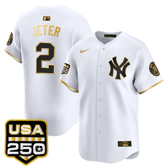 Men's New York Yankees 250America Patch Vapor Premier Limited Jersey WHITE GLOD#2 DEREK JETER