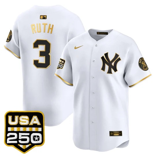 Men's New York Yankees 250America Patch Vapor Premier Limited Jersey WHITE GLOD#3 BABE RUTH