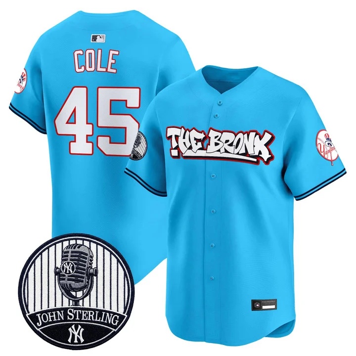 Men's New York Yankees The Bronx Graffiti Vapor Premier Limited Jersey BLUE #45 GERRIT COLE