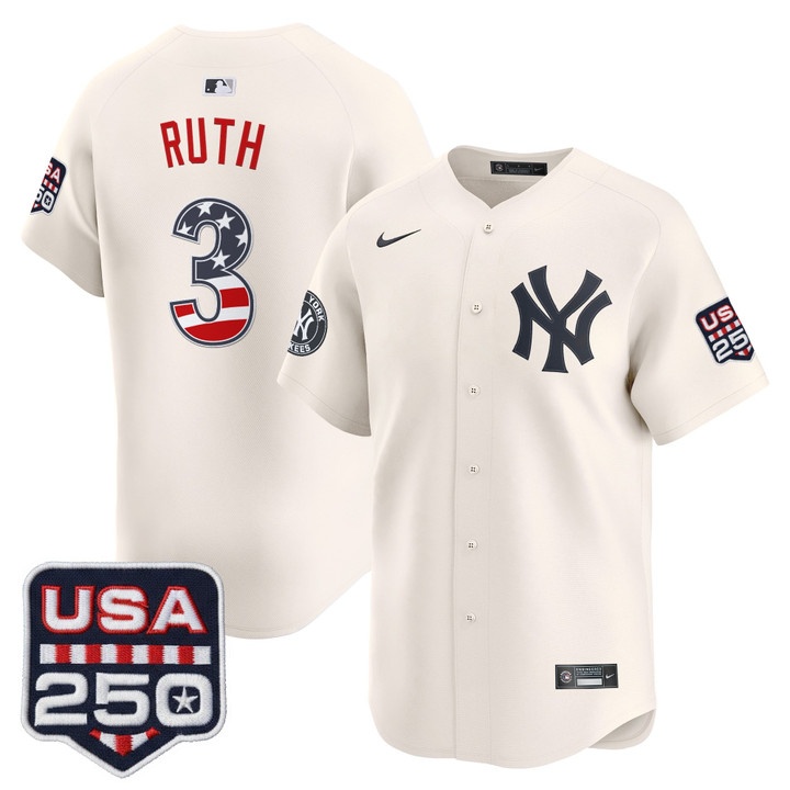 Men's New York Yankees USA 250 Fourth of July Vapor Premier Limited Jersey CREAM #3 BABE RUTH