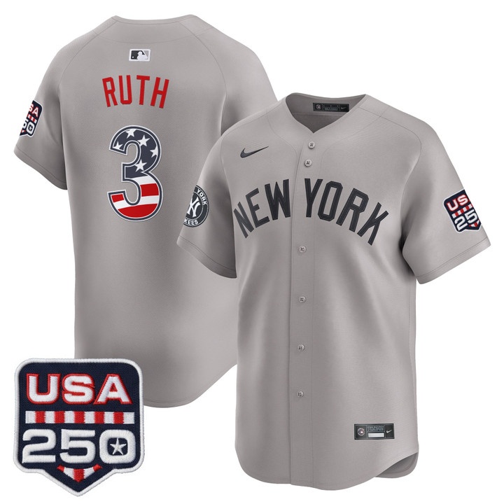 Men's New York Yankees USA 250 Fourth of July Vapor Premier Limited Jersey GRAY #3 BABE RUTH