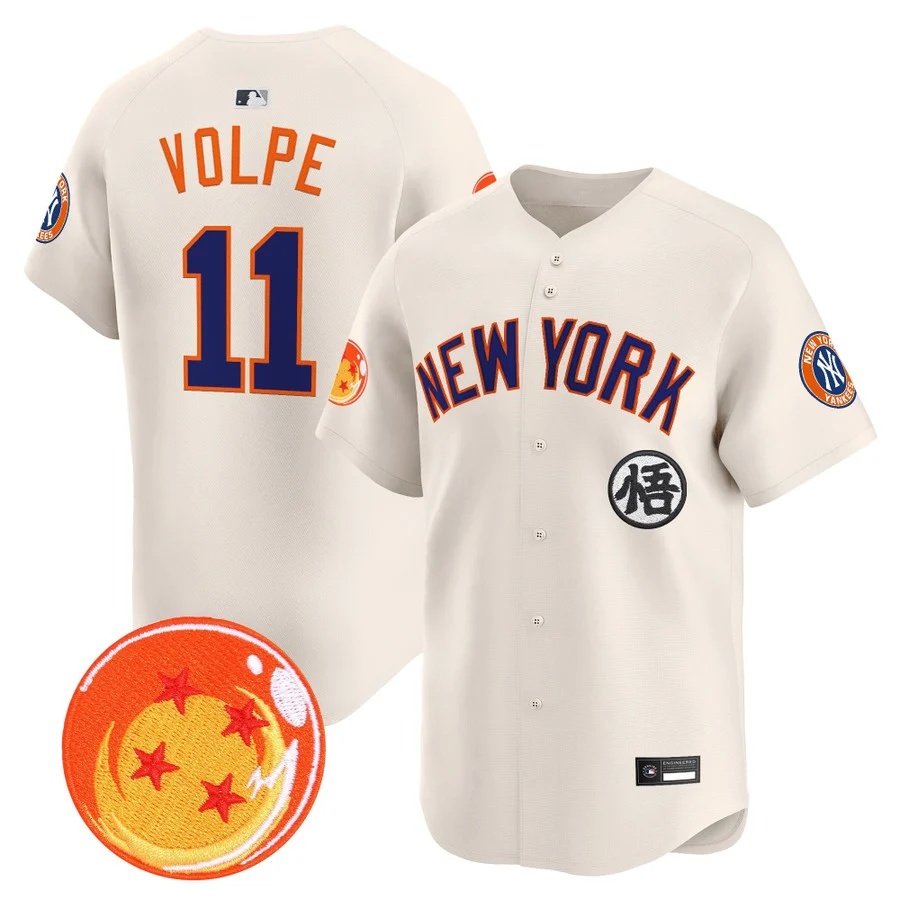 Men's New York Yankees x Dragon Ball Vapor Premier Limited Jersey cream #11 Anthony Volpe