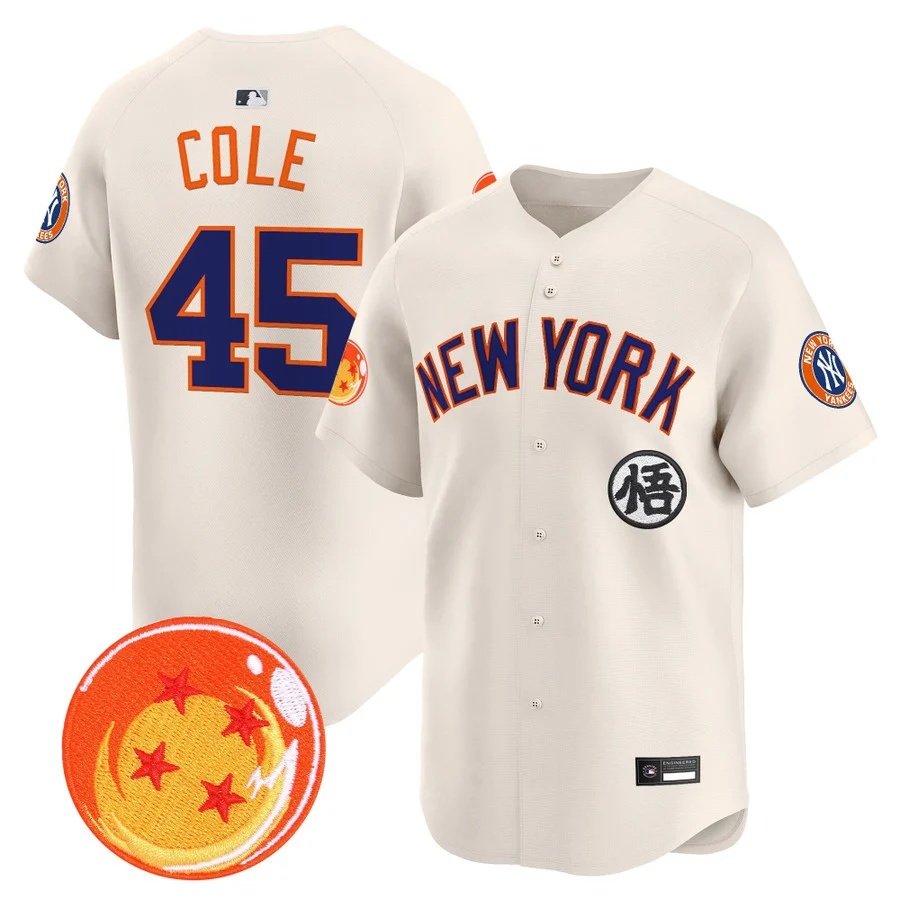 Men's New York Yankees x Dragon Ball Vapor Premier Limited Jersey cream #45 Gerrit Cole