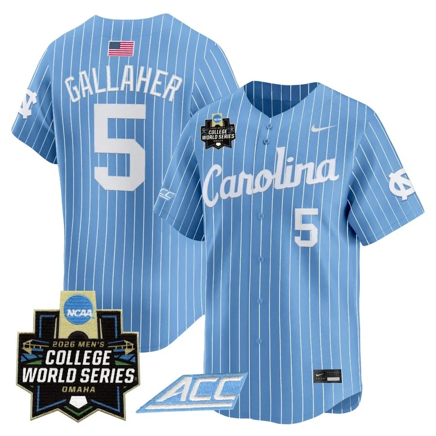 Men's North Carolina Tar Heels 2026 World Series Vapor Premier Limited Jersey BLUE #5 GAVIN GALLAHER