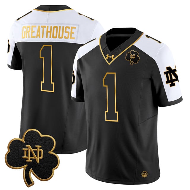 Men's Notre Dame Fighting Irish 2025 Gold Vapor Limited Jersey #1 Jaden Greathouse