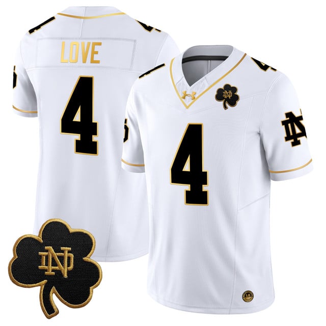 Men's Notre Dame Fighting Irish 2025 Gold Vapor Limited Jersey white gold #4 Jrermiyah Love