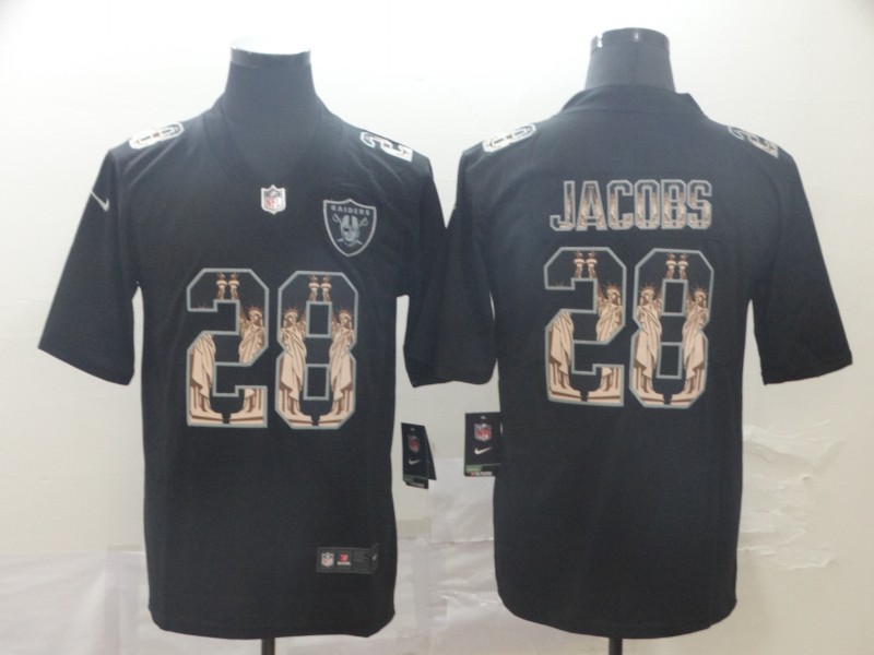 Men's Oakland Raiders #28 Josh Jacobs Black Nike Statue Of Liberty Legend Jersey