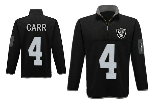 Men's Oakland Raiders 4 Carr Antigua Charcoal Fortune Sweater Knit Microfleece Quarter-Zip Pullover Black Jacket