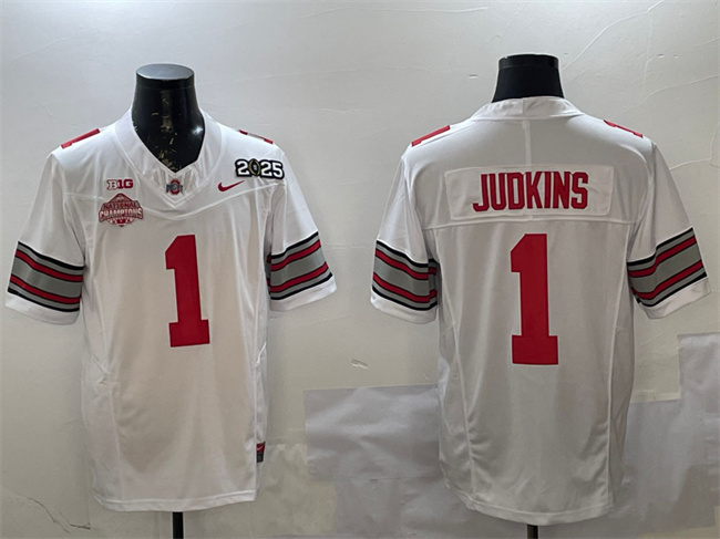 Men's Ohio State Buckeyes #1 Quinshon Judkins White 2025 CFP Final With National Champions Patch F.U.S.E. Vapor Limited Stitched Football Jersey