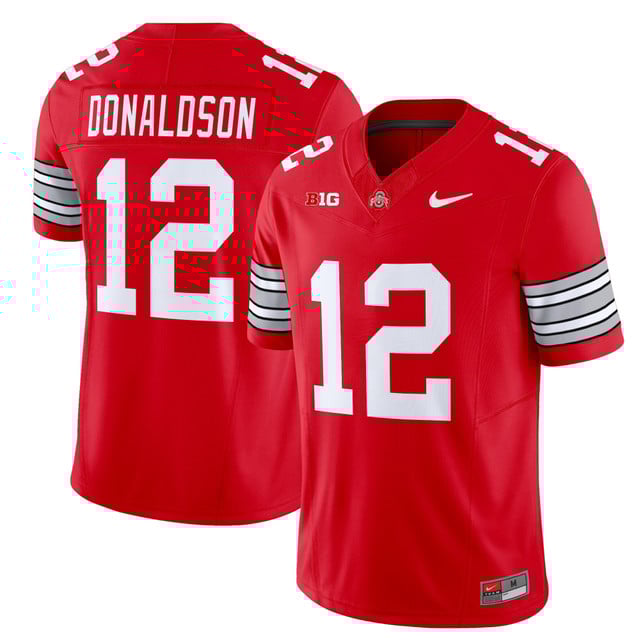 Men's Ohio State Buckeyes 'Heritage Stripe' 202526 Vapor Limited Jersey red #12 CJ Donaldson