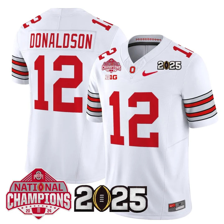 Men's Ohio State Buckeyes 2026 Tunnel Vision National Champions Patch Vapor Limited Jersey white 12 CJ Donaldson