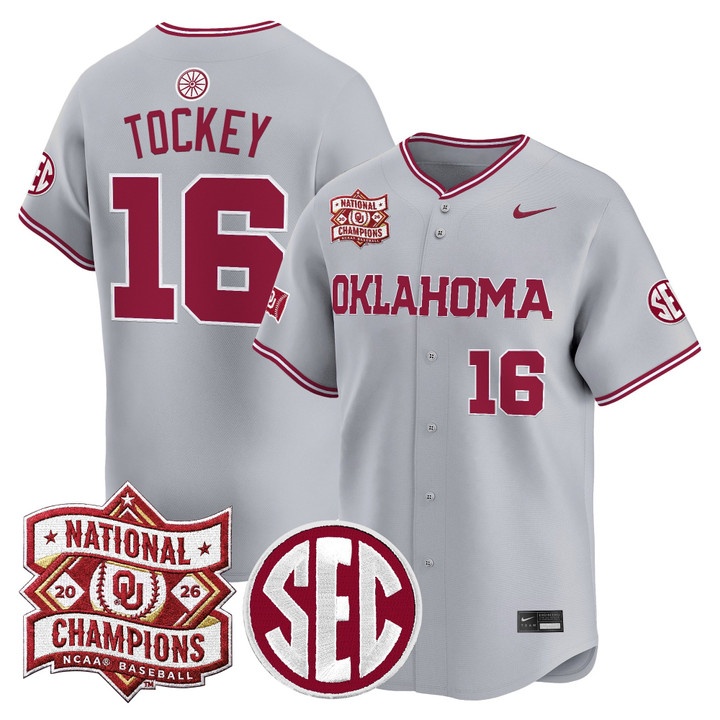 Men's Oklahoma Sooners 2026 National Champions Patch Vapor Premier Limited Jersey GRAY2 #16 DAYTON TOCKEY