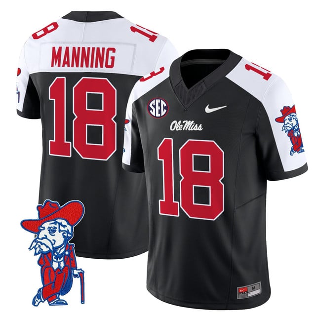 Men's Ole Miss Rebels 2025 Vapor Limited Jersey V2 black white #18 Archie Manning
