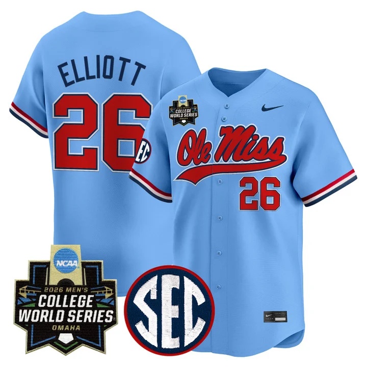 Men's Ole Miss Rebels 2026 World Series Vapor Premier Limited Jersey BLUE #26 HUNTER ELLIOTT