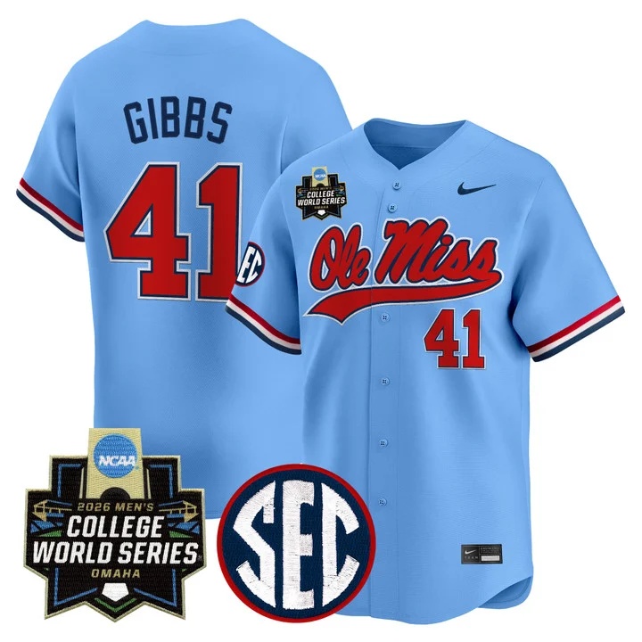 Men's Ole Miss Rebels 2026 World Series Vapor Premier Limited Jersey BLUE #41 JAKE GIBBS