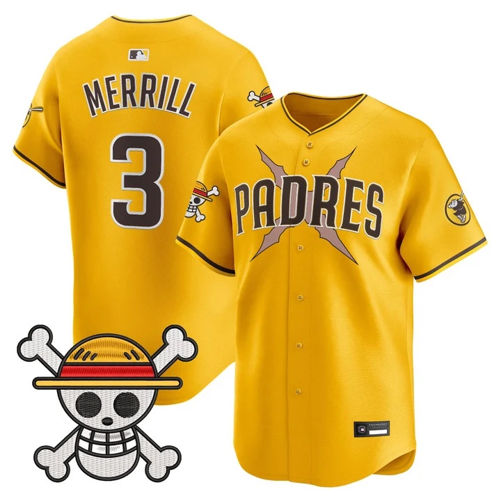 Men's Padres x One Piece Vapor Premier Limited Jersey gold #3 Jackson Merrill