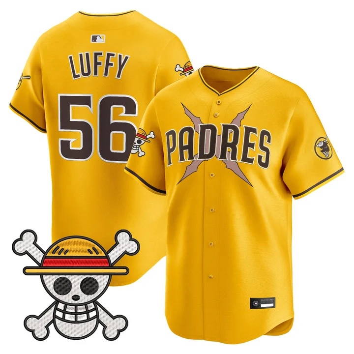 Men's Padres x One Piece Vapor Premier Limited Jersey gold #56 Luffy
