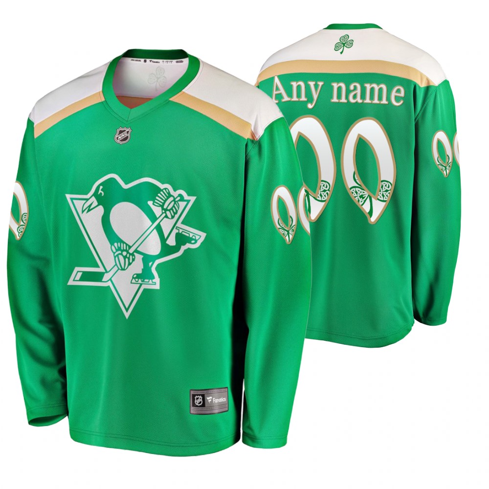 Men's Penguins #00 Custom Replica St. Patrick's Day Jersey Green