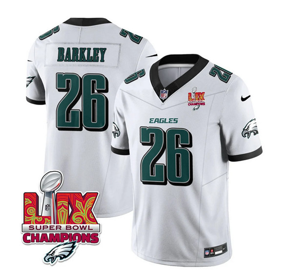 Men's Philadelphia Eagles #26 Saquon Barkley White 2025 Eagles Logo Super Bowl LIX Patch New F.U.S.E. Vapor Untouchable Limited Football Stitched Jersey