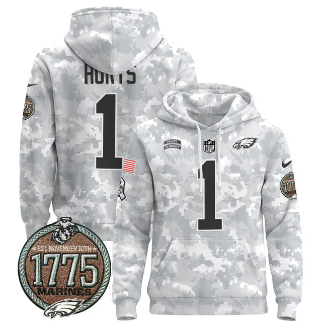 Men's Philadelphia Eagles 2024 Salute to Service Establishment Year Patch Pullover Hoodie #1 HURTS.webp