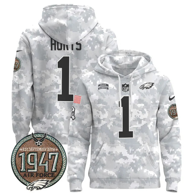 Men's Philadelphia Eagles 2024 Salute to Service Establishment Year Patch Pullover Hoodie AIR FORCE #1 HURTS.webp