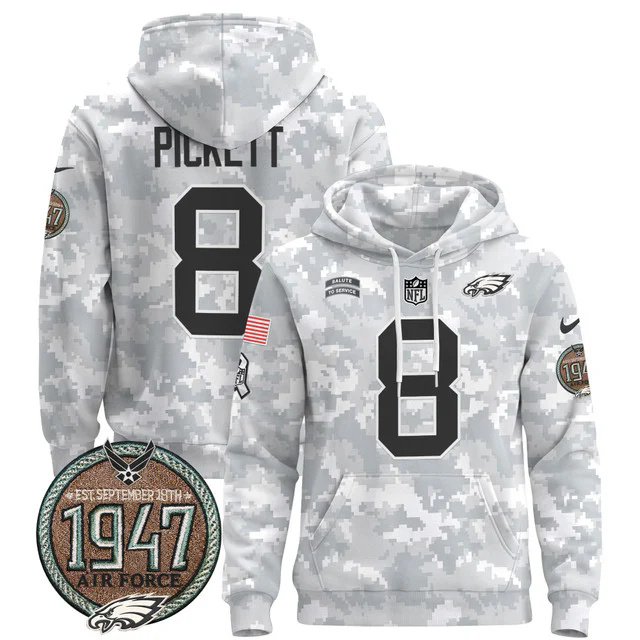 Men's Philadelphia Eagles 2024 Salute to Service Establishment Year Patch Pullover Hoodie AIR FORCE #8 PICKETT.webp