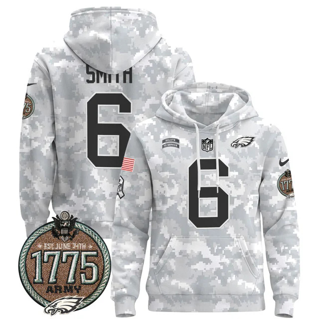 Men's Philadelphia Eagles 2024 Salute to Service Establishment Year Patch Pullover Hoodie ARMY #6 SMITH.webp