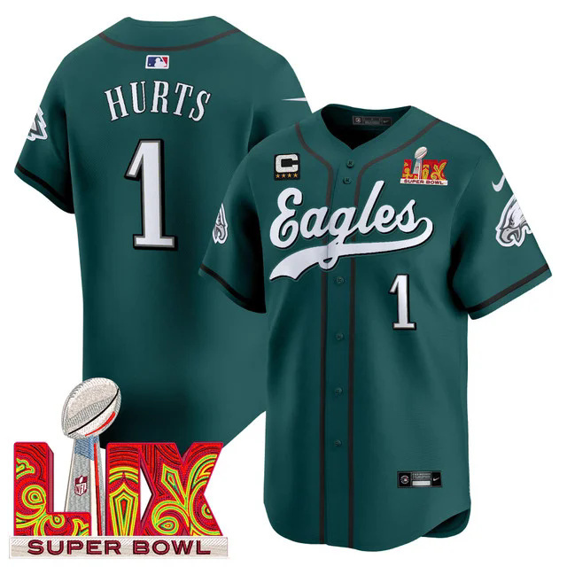 Men's Philadelphia Eagles Midnight Green Super Bowl LIX Vapor Baseball Jersey #1 HURTS.webp