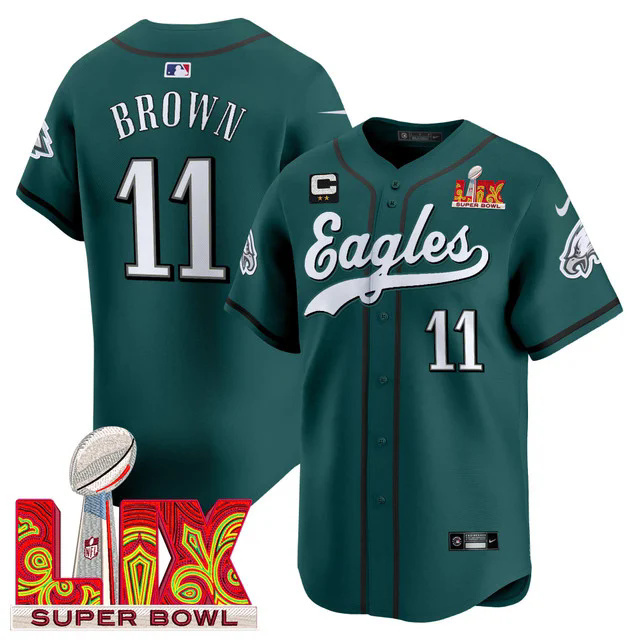 Men's Philadelphia Eagles Midnight Green Super Bowl LIX Vapor Baseball Jersey #11 BROWN.webp