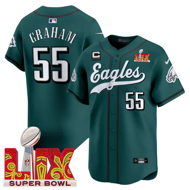 Men's Philadelphia Eagles Midnight Green Super Bowl LIX Vapor Baseball Jersey #55 GRAHAM.webp