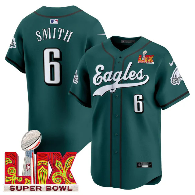Men's Philadelphia Eagles Midnight Green Super Bowl LIX Vapor Baseball Jersey #6 SMITH.webp