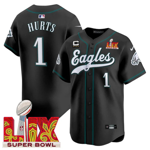 Men's Philadelphia Eagles Midnight Green Super Bowl LIX Vapor Baseball Jersey BLACK #1 HURTS.webp