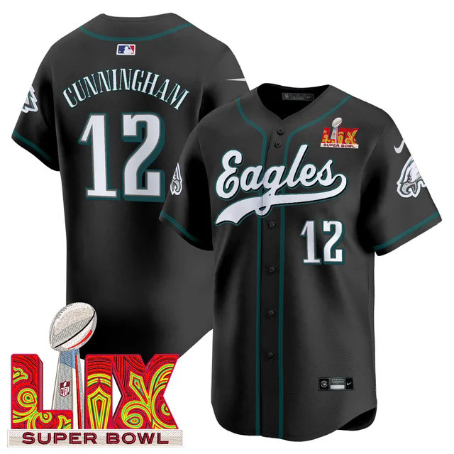 Men's Philadelphia Eagles Midnight Green Super Bowl LIX Vapor Baseball Jersey BLACK #12 CUNNINGHAM.webp