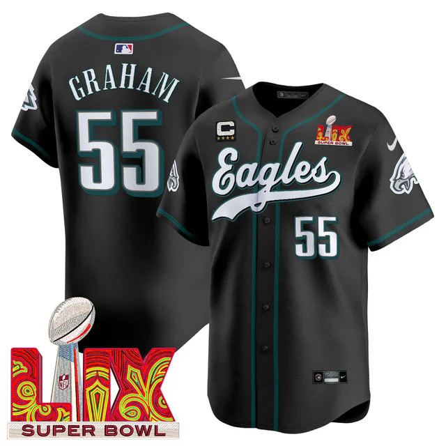 Men's Philadelphia Eagles Midnight Green Super Bowl LIX Vapor Baseball Jersey BLACK #55 GRAHAM.webp