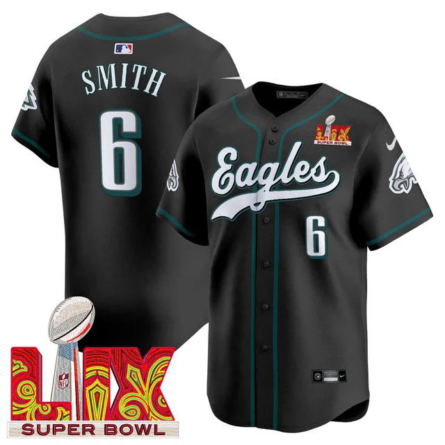 Men's Philadelphia Eagles Midnight Green Super Bowl LIX Vapor Baseball Jersey BLACK #6 SMITH.webp