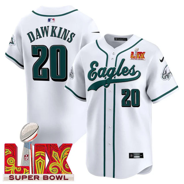 Men's Philadelphia Eagles Midnight Green Super Bowl LIX Vapor Baseball Jersey WHITE #20 DAWKINS.webp