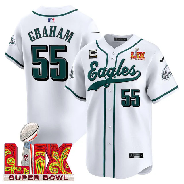 Men's Philadelphia Eagles Midnight Green Super Bowl LIX Vapor Baseball Jersey WHITE #55 GRAHAM.webp