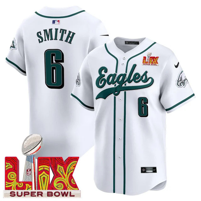 Men's Philadelphia Eagles Midnight Green Super Bowl LIX Vapor Baseball Jersey WHITE #6 SMITH.webp