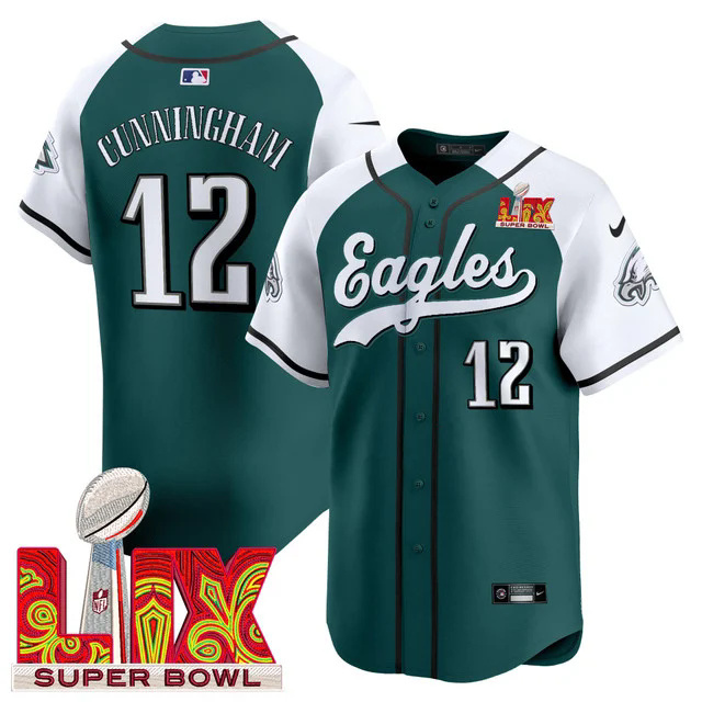 Men's Philadelphia Eagles Midnight Green Super Bowl LIX Vapor Baseball Jersey WHITE&GEREEN #12 CUNNINGHAM.webp